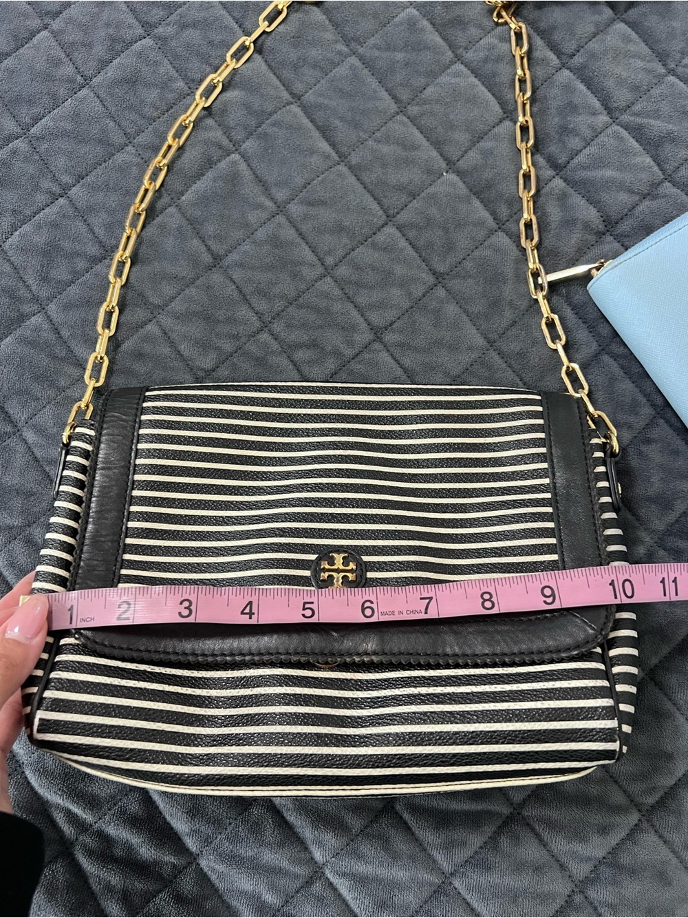 Tory Burch Crossbody Bag Purse Viva Striped & Wallet Black Leather Chain Strap - Picture 2 of 16